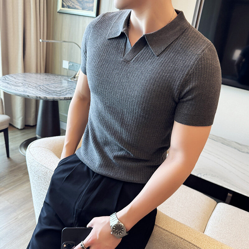 Men'S Polo Formal Wear - Мужской приталенный свитер-поло с жаккардовым узором