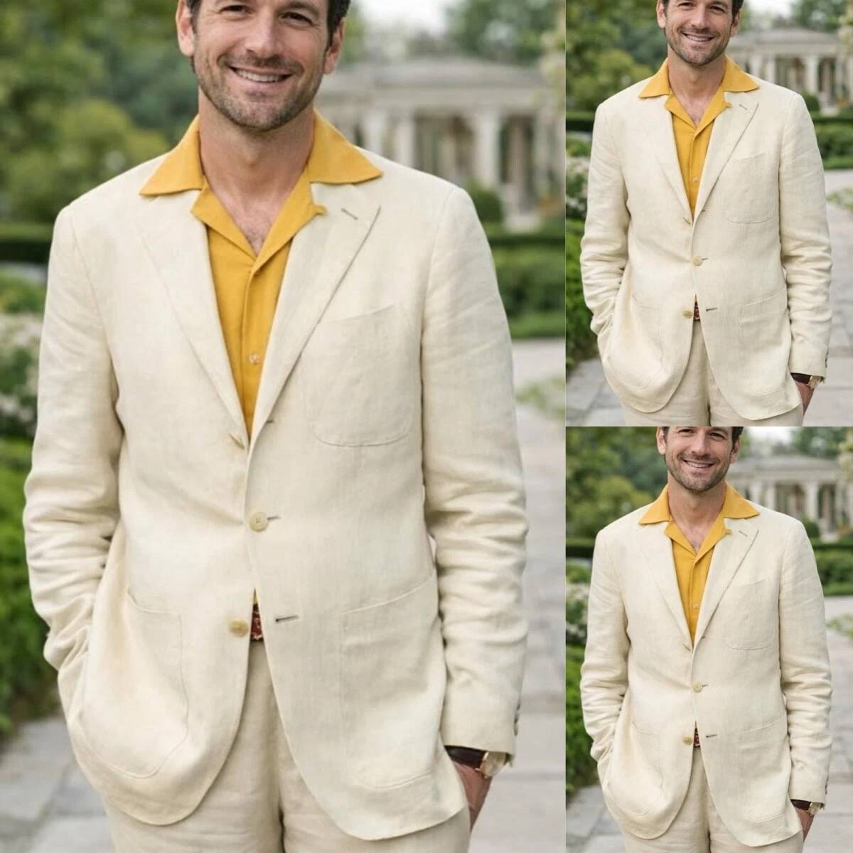 Men'S Relaxed Formal Wear - Бежевый льняной мужской костюм-двойка: пиджак и
